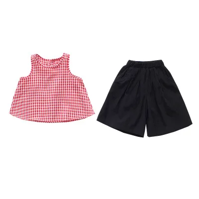 

B52770A Little girls boutique clothes fashion sleeveless plaid 2pcs shorts set, Red/black