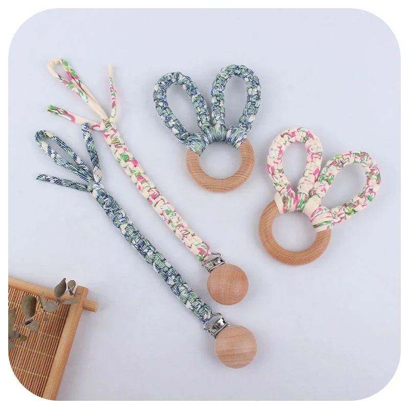 

Baby Shower Gift Hand-Woven Mixed Color Pacifier Rope Anti-Chain Teether Set Wooden Teether Ring Pacifier Holder Dummy Chain, 9 colors