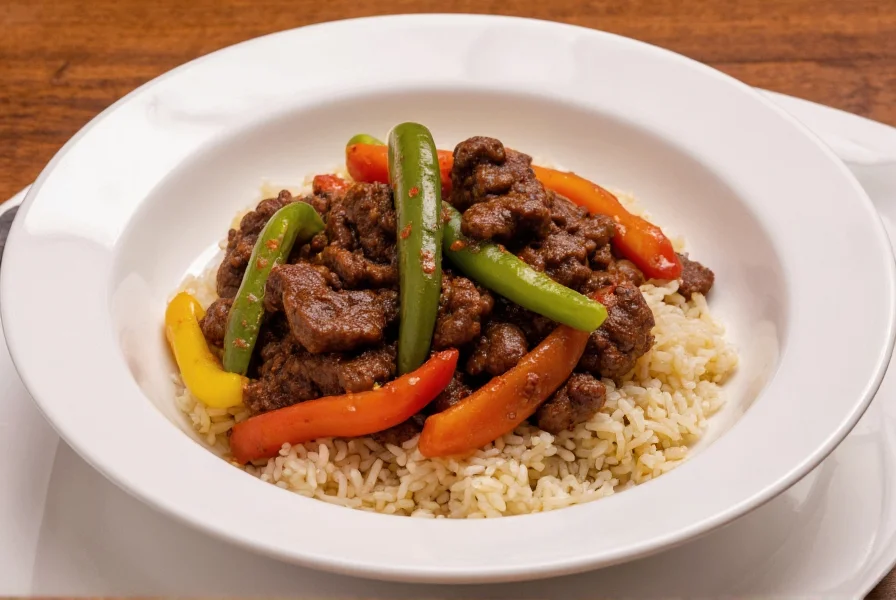 Finished pepper steak dish served in white bowl over steamed rice with vibrant bell peppers and glossy sauce