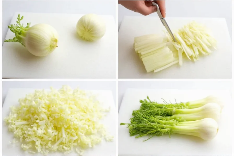 Step-by-step fennel preparation showing bulb trimming, slicing technique, and frond separation for cooking