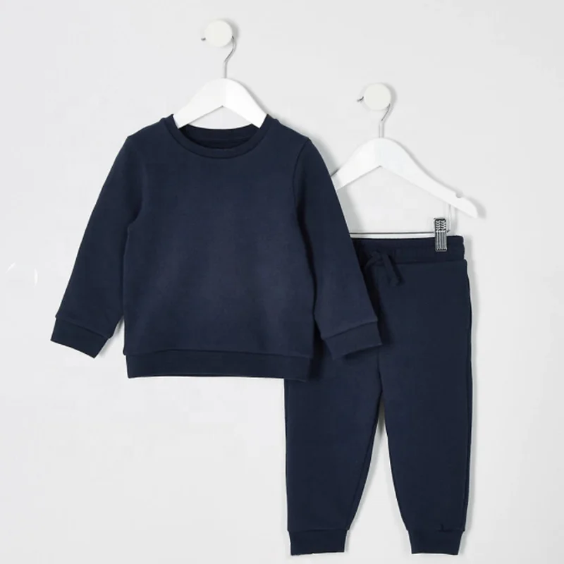 
Custom wholesale baby clothing set navy jumper outfit kids plain sweatshirt joggers two piece set OEM embroidered logo 