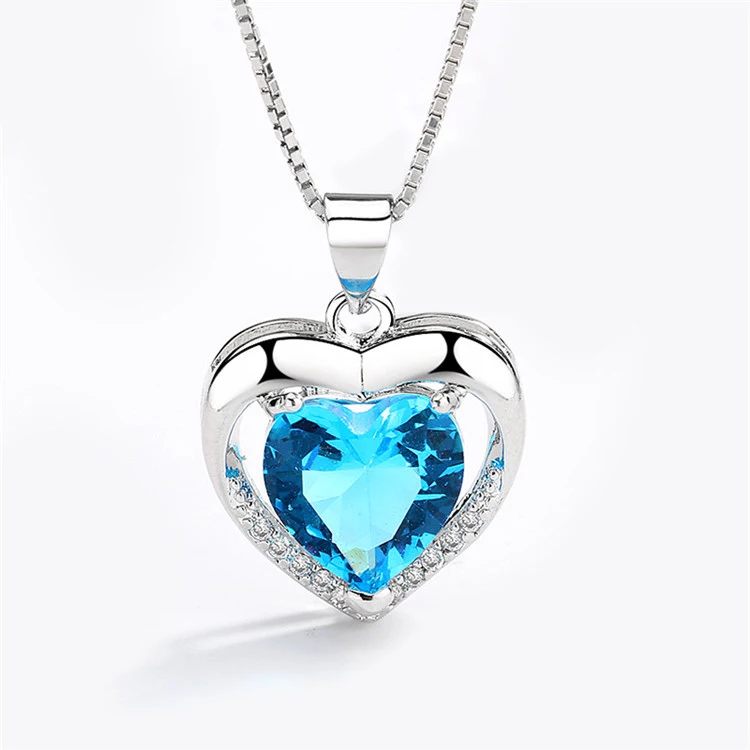 

Valentine'S Day Gift New Pendant Female Blue Crystal Eternal Heart Pendant Fashion Heart-Shaped Diamond Necklace, As shown