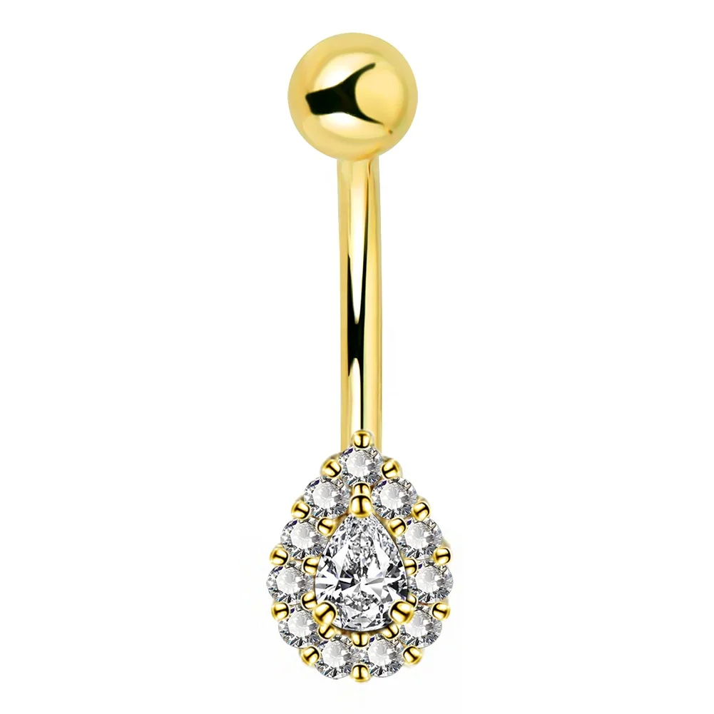 

14KT Solid Yellow Gold Navel Ring Teardrop CZ Pronged 14KT Solid White Gold Belly Button Ring Body Piercing Jewelry