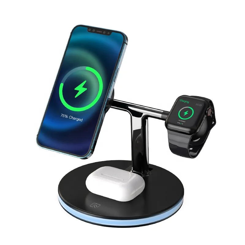 

OEM Newest design 3 in 1 wireless charger with touch LED light 25w magnetic fast charge dock for Watch for Airpods for iPhone12, White, black