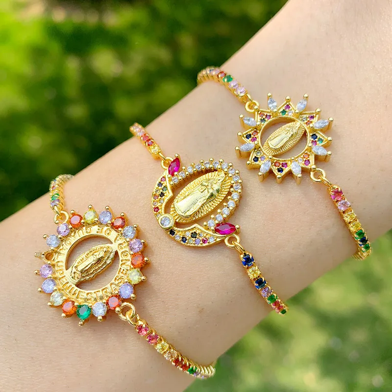 

MINHIN Multi-color Virgin Mary Bracelets For Women Crystal Bracelets Pendant Gold Christian Jewelry virgen de guadalupe, Gold/silver
