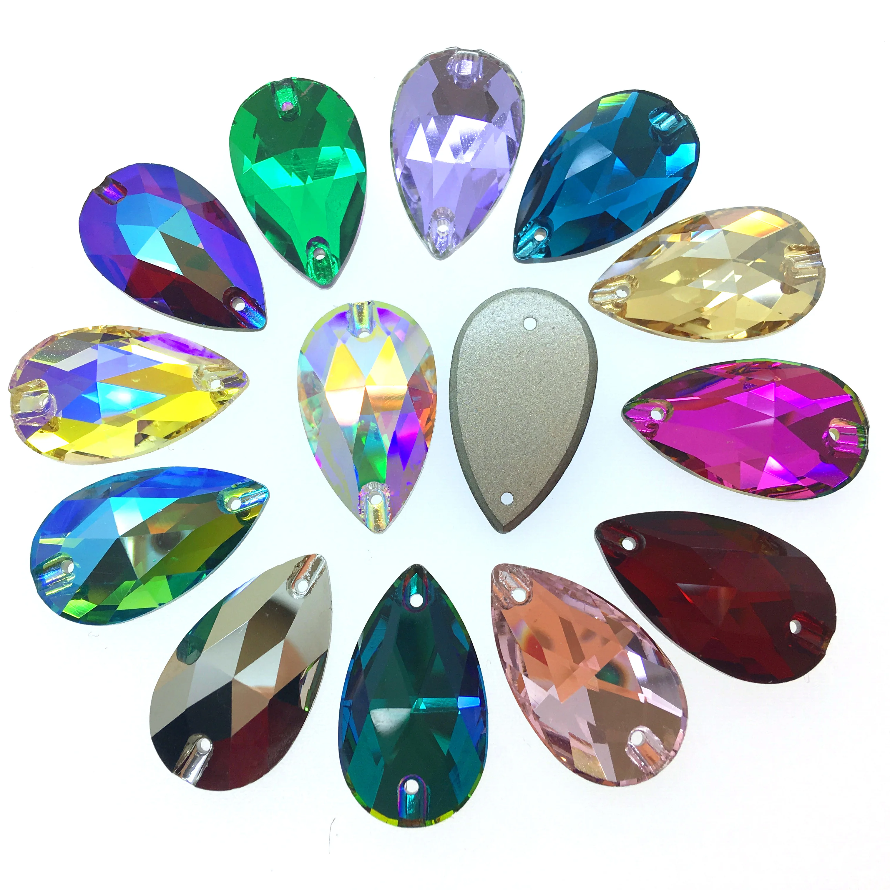 

Paradise shine of sew-on flat back ab crystal buttons tear drop shape in size 10.5*18MM wedding dress glass beads