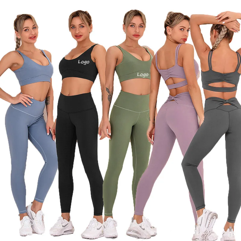

2021 Beautiful Back Solid Color Yoga Clothing Suit Female Tight Fitting Hips Running Fitness Two Piece Suit