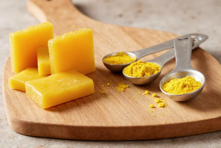 Close-up photograph of asafoetida resin blocks and powder on wooden cutting board with measuring spoons