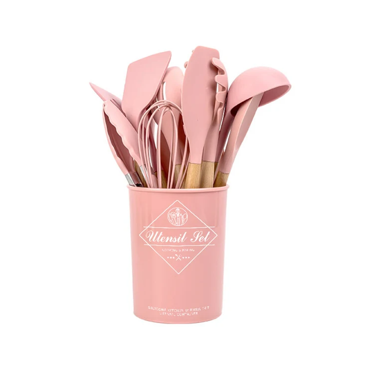 

T115 Pink Wooden Handle Silicone Kitchenware 12-piece Set Non-stick Cookware Special Cooking Spatula Spoon Kitchen Utensils