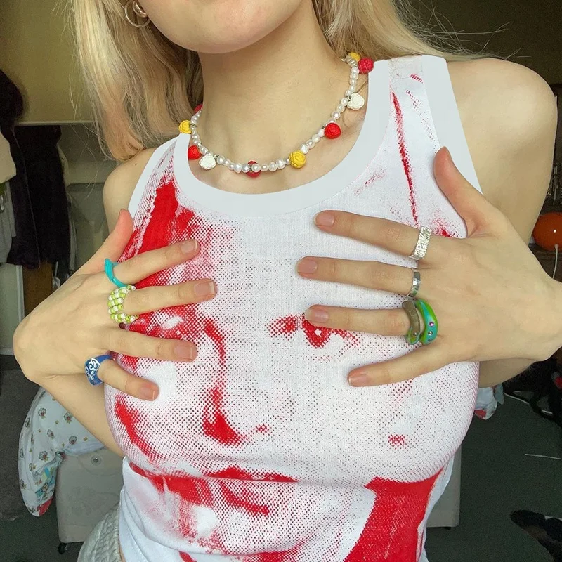 

2021 Summer Shirt Tank Top Printed Sleeveless Bodycon Casual Women Crop Top O-neck Trendy Outfits Streetwear Ladies Tank Top