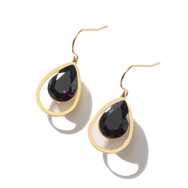 

Hot Selling Stainless Steel Black Stone Tear Drop Earrings Gold Plated For Women