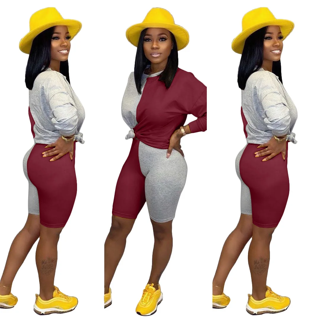 

Contrasting Color Tshirt Shorts Two Piece Set Women 2021Boutique Clothing Casual Half Pant Suit Patchwork 2 Piece Short Sets