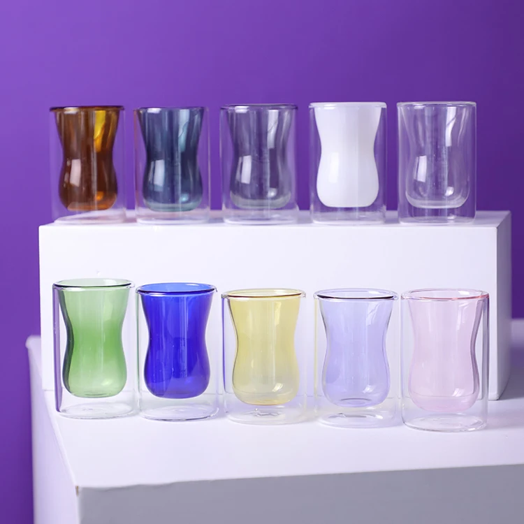

Special Design double wall glass japanese beer double wall coffee glass cup, Clear blue green teal yellow amber pink purple opaque black etc
