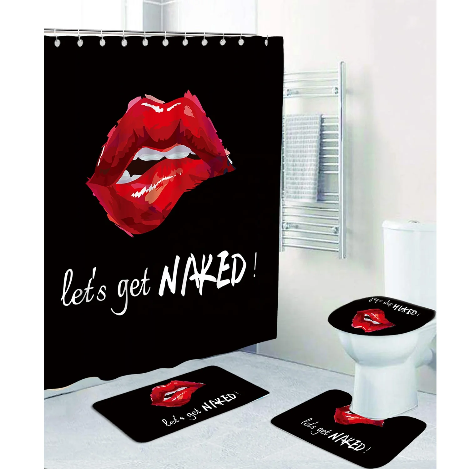 

16 pieces Get naked black Creative Custom Printed bathroom mat set Waterproof Shower Curtain with Hooks Hotel Bath rug Curtain, Customized