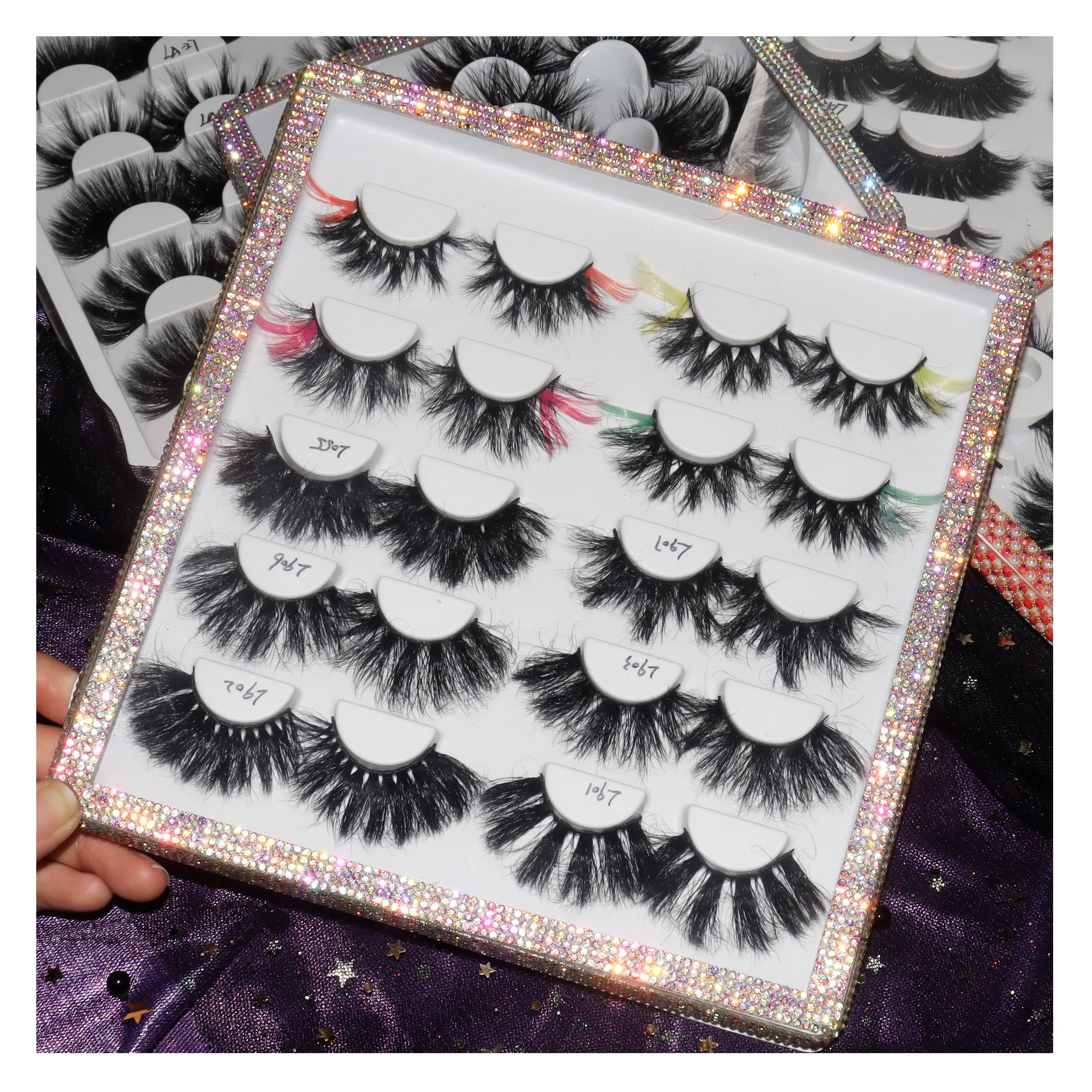 

Bling Glitter Lashbook Silk Eyelashes Mink Super Fluffy 25mm Faux Mink Lash With 5/10 Pairs Rhinestone Tray Lashbox Packaging, Black