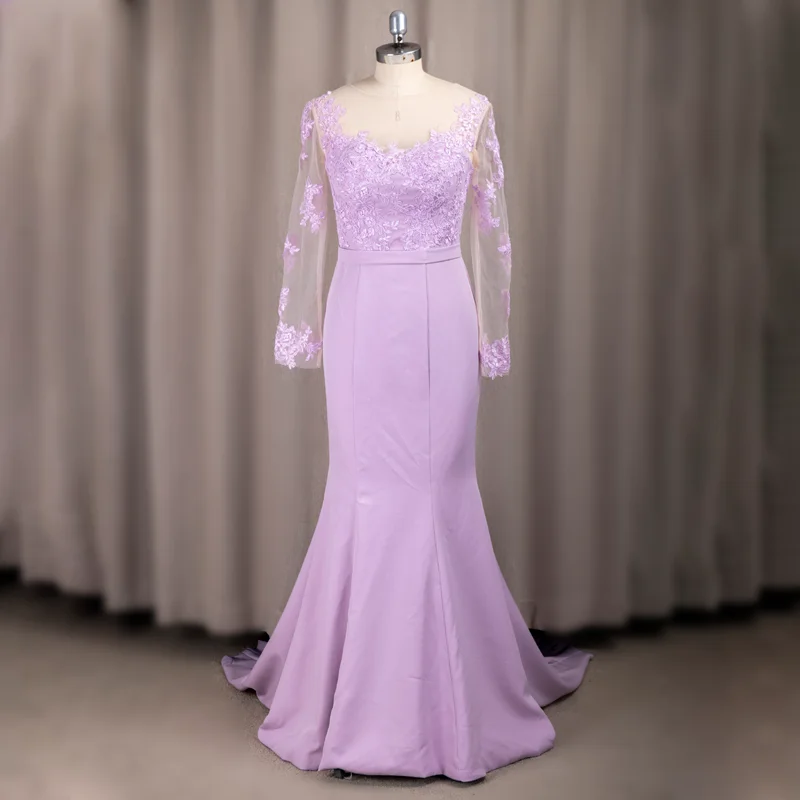 

#6007 Round Neck Purple Cheap Fat Floral Long Sleeve Lilac O-Neck Sheath Lace Soft Satin Latest Bridesmaid Wedding Dress, Custom made