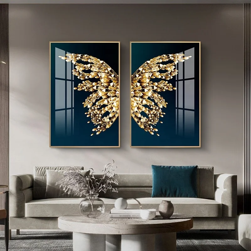 Golden Butterfly Crystal Porcelain Oil Painting Digital Printing Custom Size Modern Wall Art Decor