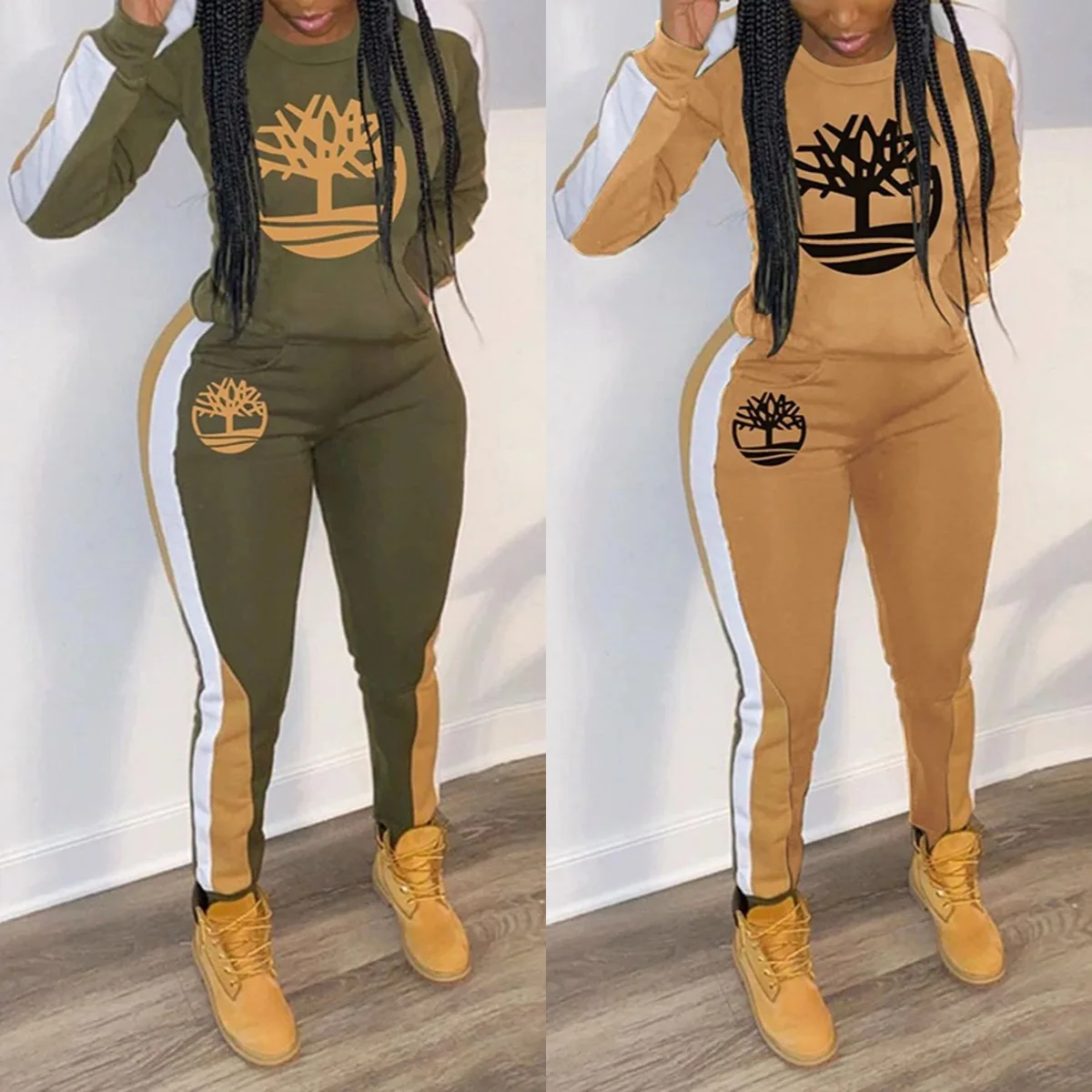 

Hot Selling Workout Style Print O-Neck Thick Cotton Hoodies 2 Piece Set Fall Clothing For Women Sweatpants And Sweatshirt Set, Yellow, gray, black, blue, army green