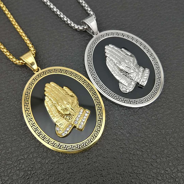 

Retro Religious Stainless Steel Gold Plated Crystal Prayer Hand Pendant