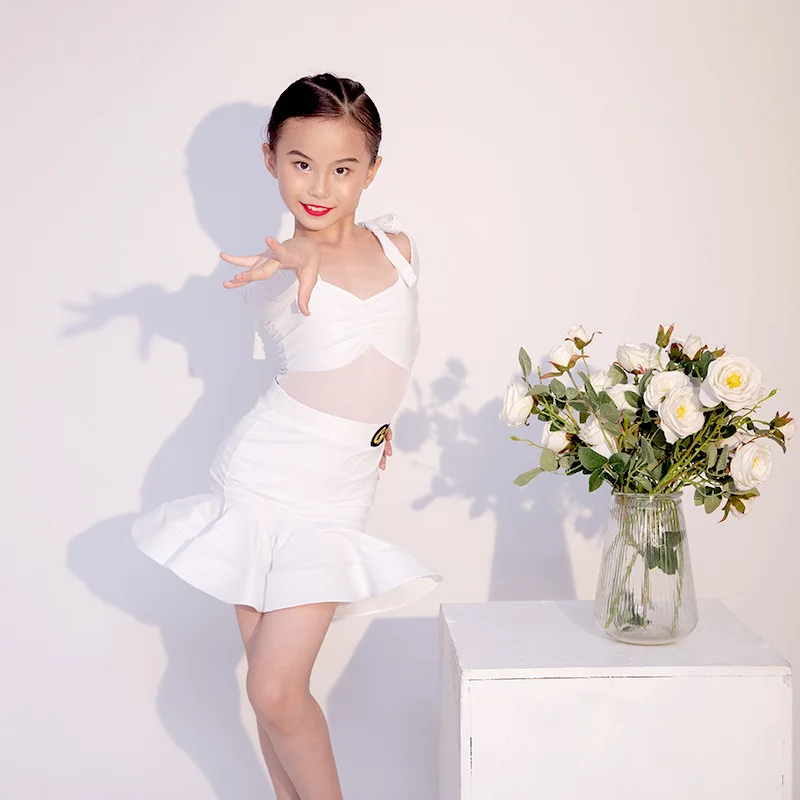 Large White Lace Latin Dance Dress Practice Performance Stage Separate Suit