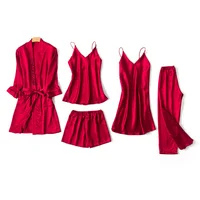 

Five Piece Sleep Wear Pijamas Silk Night Dress Lace Satin Robe Plain Red Color Sexy Pajamas Set For Women