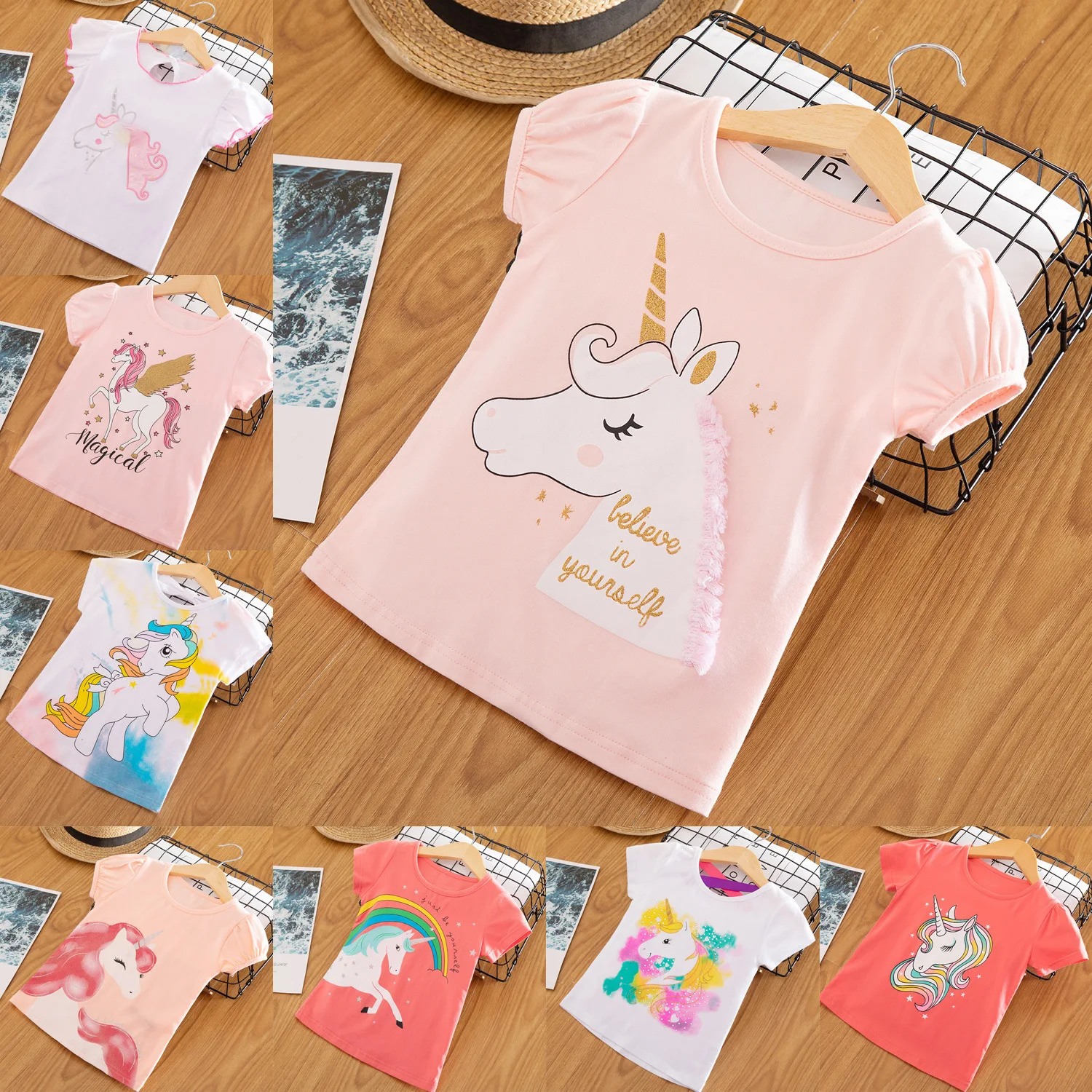 

kD-021 bulk instock wholesale high quality unicorn print shorts sleeve t shirts for baby girls summer tops cotton knitted shirt, Multicolor as picture show