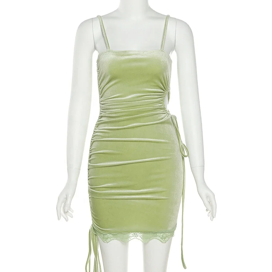 

2021 hot sale slip pleated dress female sexy cut out party dress with drawstring