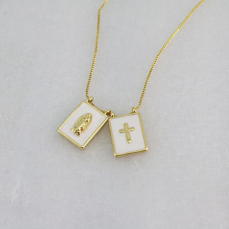 

NM1287 Chic Gold Plated Double White Enamel Virgin Mary And Sacred Heart Cross Rectangle Medal Pendant Chain Scapular necklace