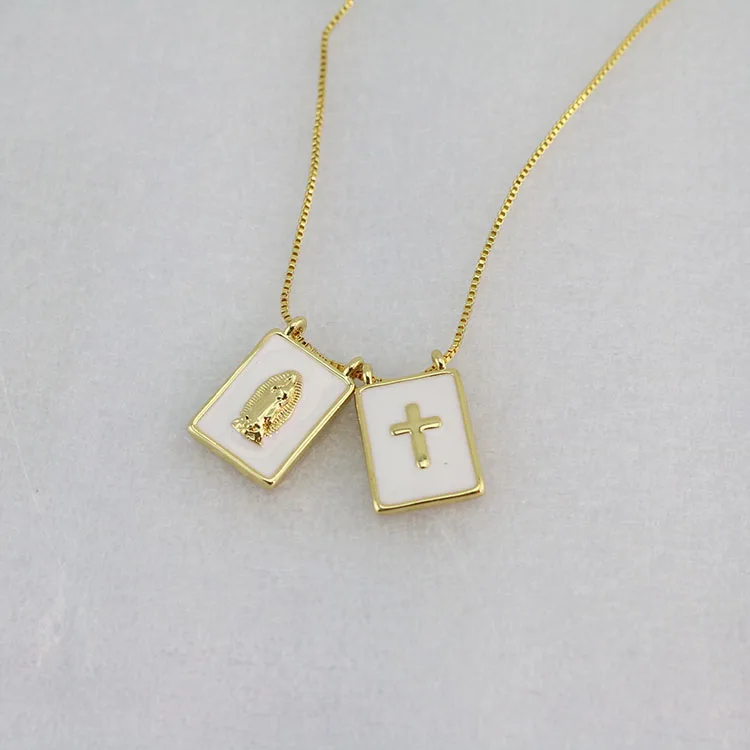 NM1287 Chic Gold Plated Double White Enamel Virgin Mary And Sacred Heart Cross Rectangle Medal Pendant Chain Scapular necklace