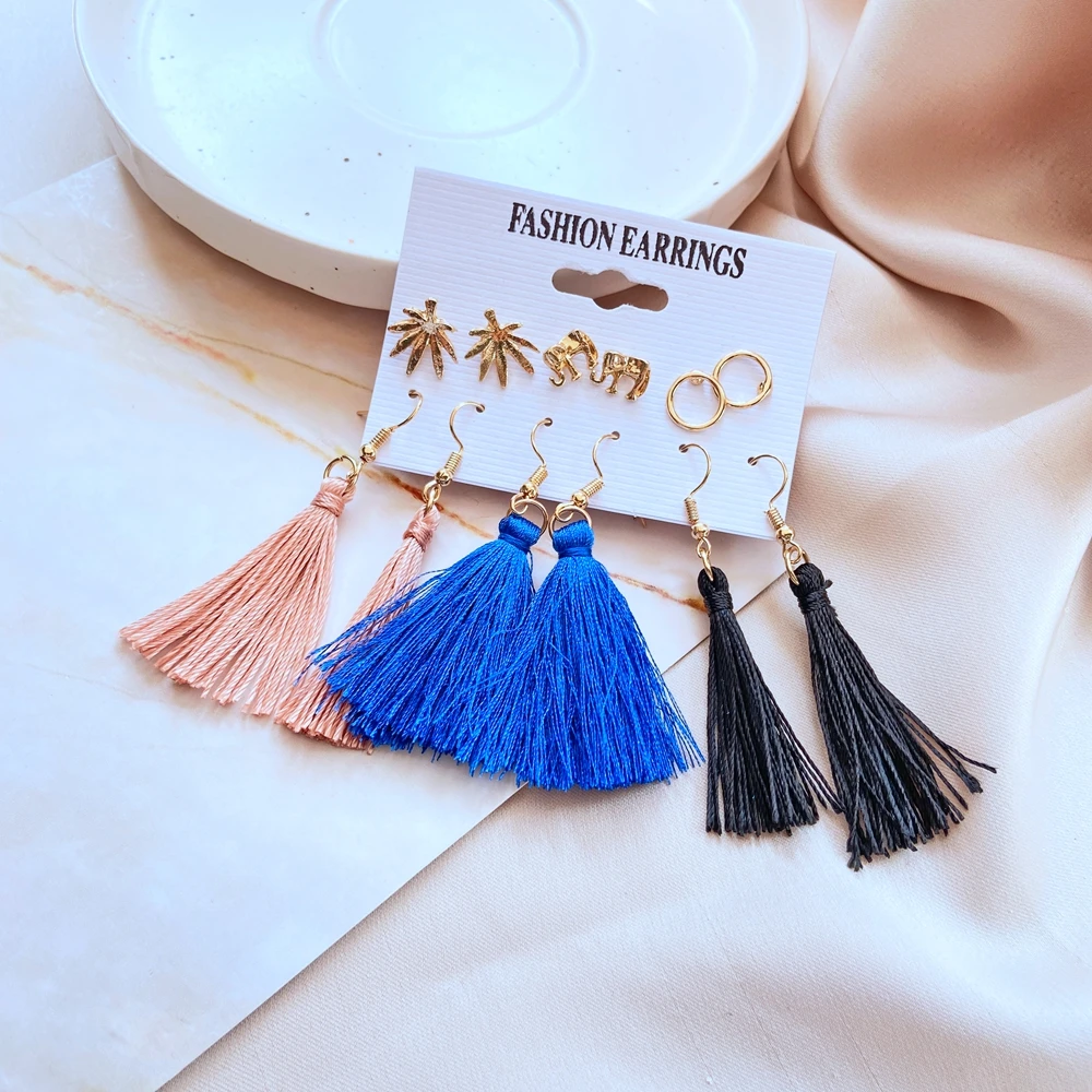 

51651 six pairs of new fashion sleek temperament cat claw leaves pineapple three color tassel earrings