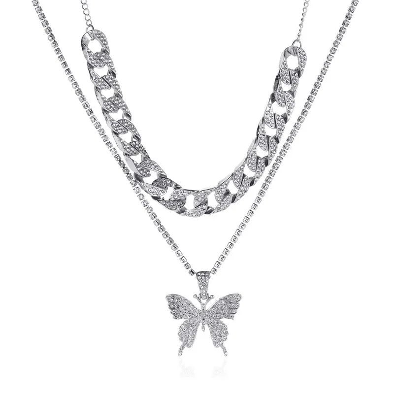 

Butterfly Double Layer Cuban Chain Hip Hop Butterfly Multilayer Clavicle Chain Necklace Double Layer Butterfly Necklace