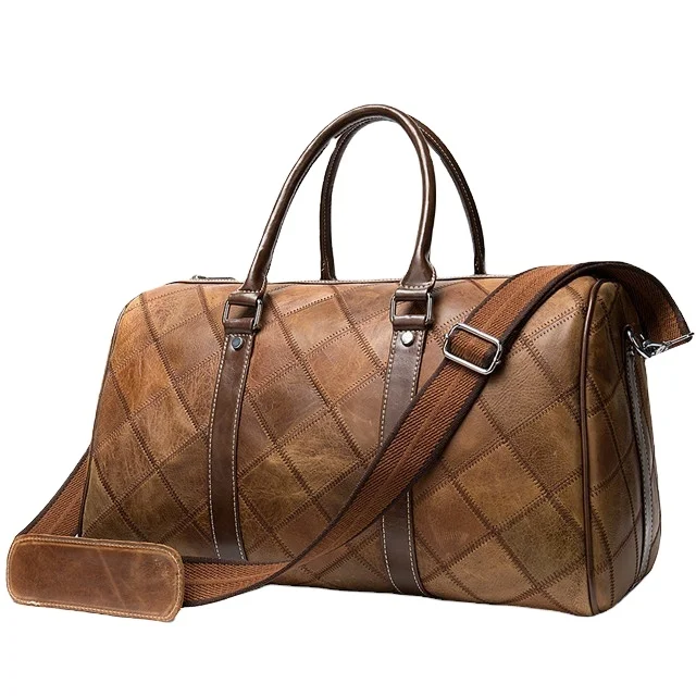 

Leather men's portable travel bag 100% genuine leather plaid retro men's bag single-shoulder duffel travel bags handbags