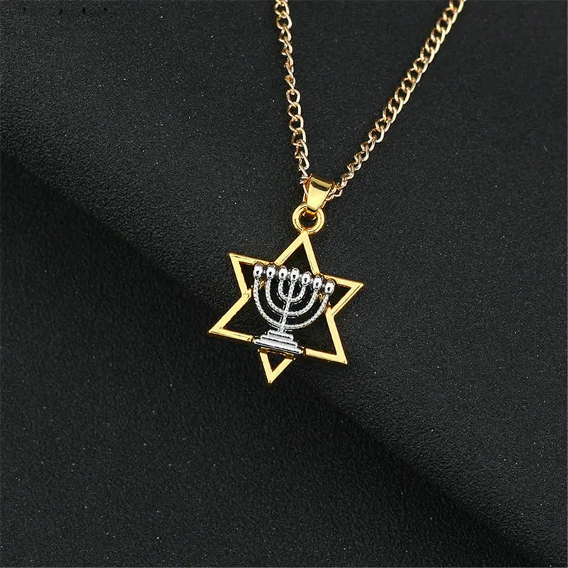 

Star Of David Menorah Jewish Jewelry Judaica Hebrew Israel Faith Lamp Hanukkah Religious Pendant Necklace, As photo