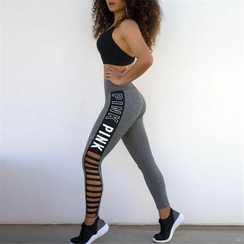 

L488 Fashion Women Customize Pink Letter Print Active Wear Long Pant High Waist Cut Out Gym Legging 3D