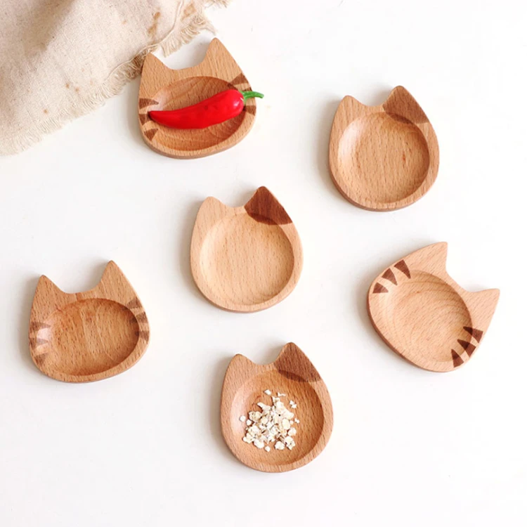 

Japanese style beech cartoon Cat shape seasoning plate creative small wooden dish, Solid color