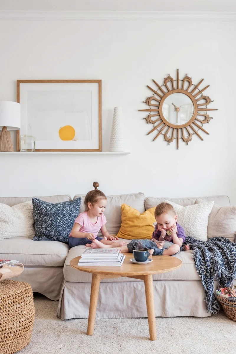 Neutral-toned bedroom with pops of color