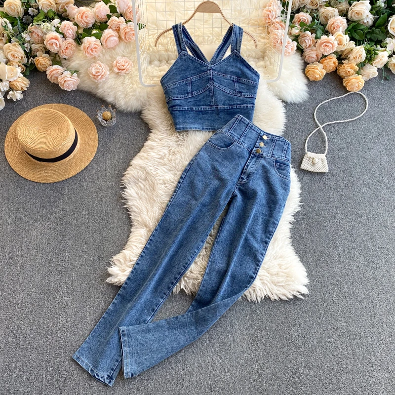 

CUBEAR CBY00019 Basics Style Denim Fabric Stitch Trim Crop Tank Tops Button Straight Pants Set