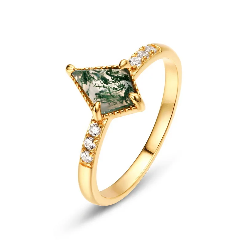 

S925 Sterling Silver Green Moss Ring for Women Fashion Seaweed Agate Ring Diamond Cut Jewelry Gift