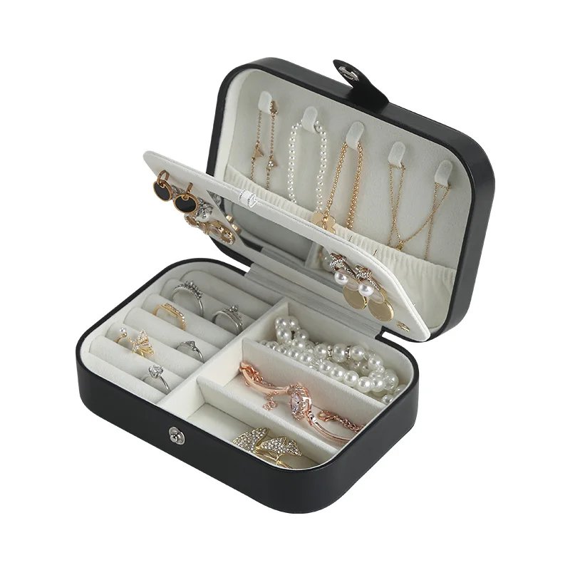 

Wholesale Custom Logo Travel Leather Mirror Jewelry Box Organizer Small Velvet Earring Necklace Jewellery Gift Packaging Case, Black