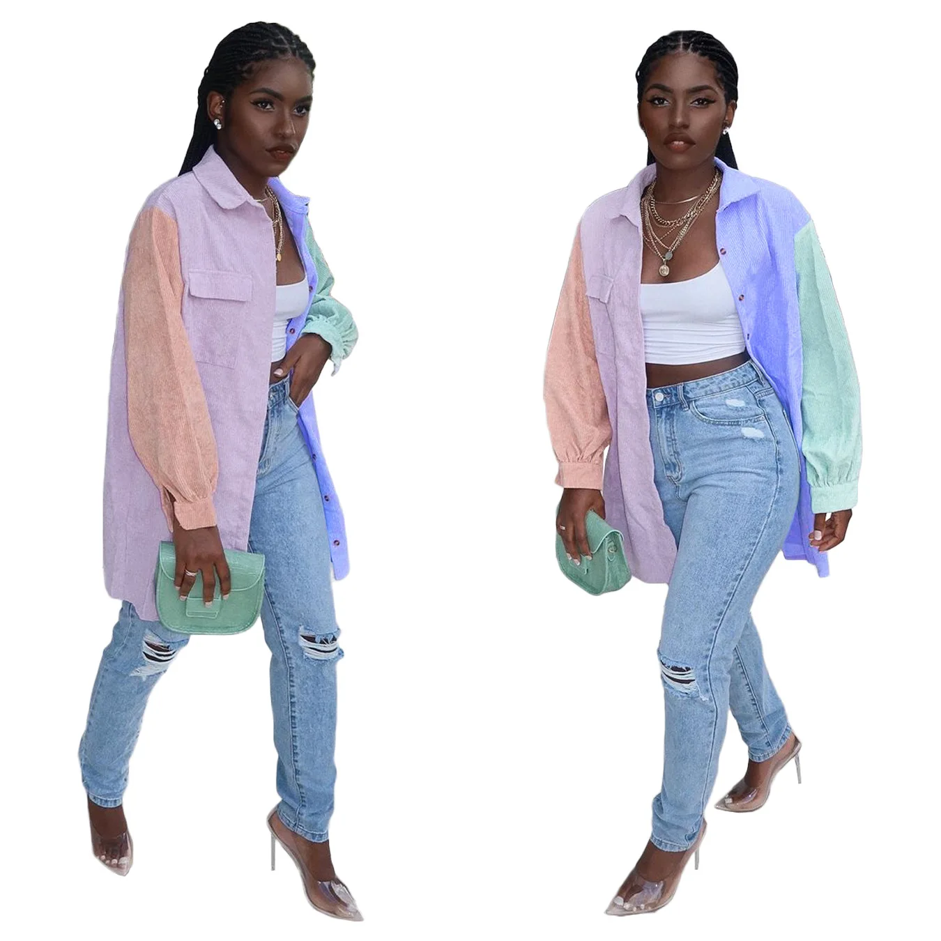 

2021 spring fashion casual multicolor stitching cardigan button-length long shirt, Picture color