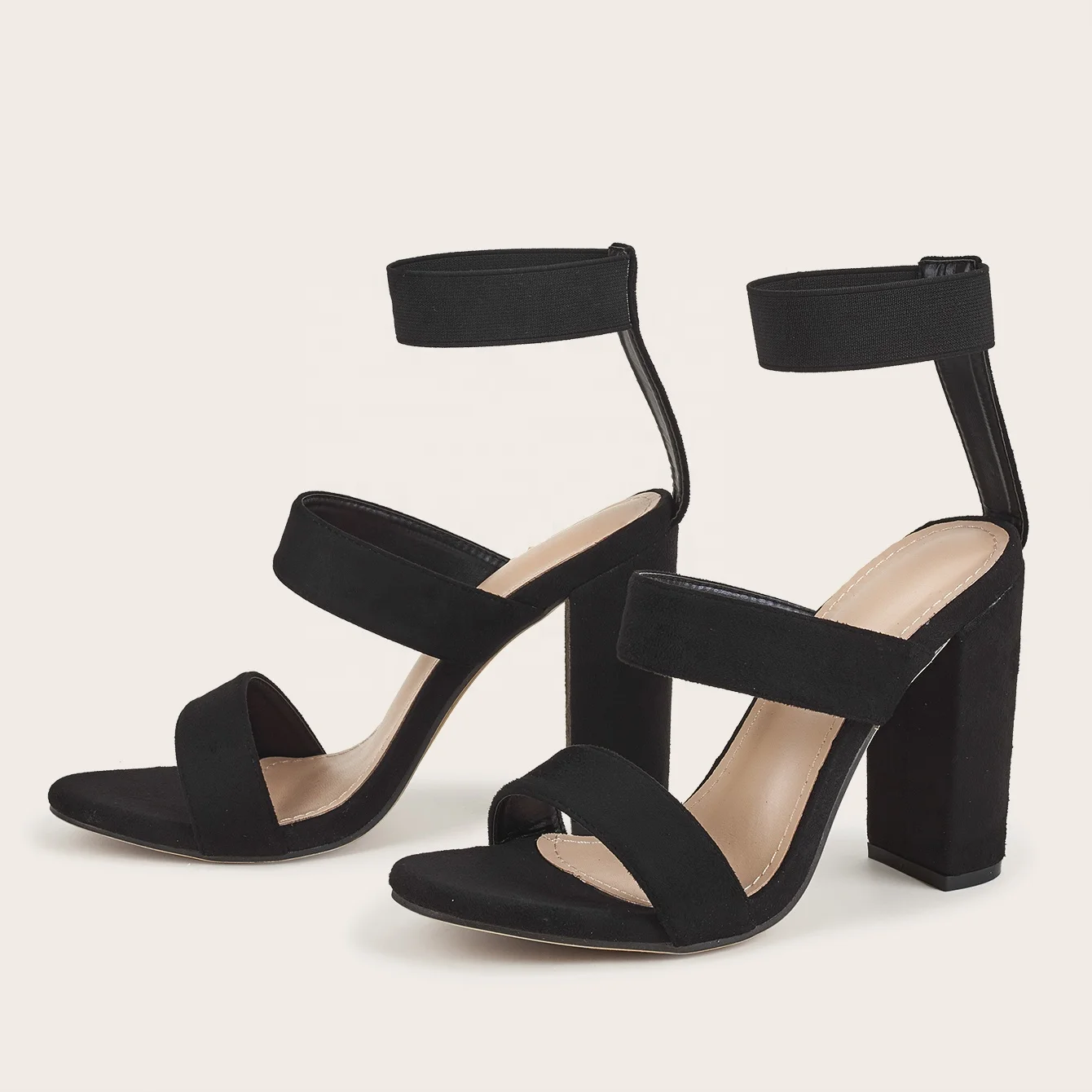 

Double Band Sandals Chunky High Heel Round Toe Women Dress Shoes Summer Casual Slides Shoes, Black