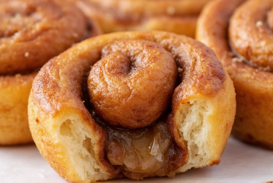 Close-up of perfectly fried cinnamon roll showing crispy exterior texture and melted cinnamon filling interior detail