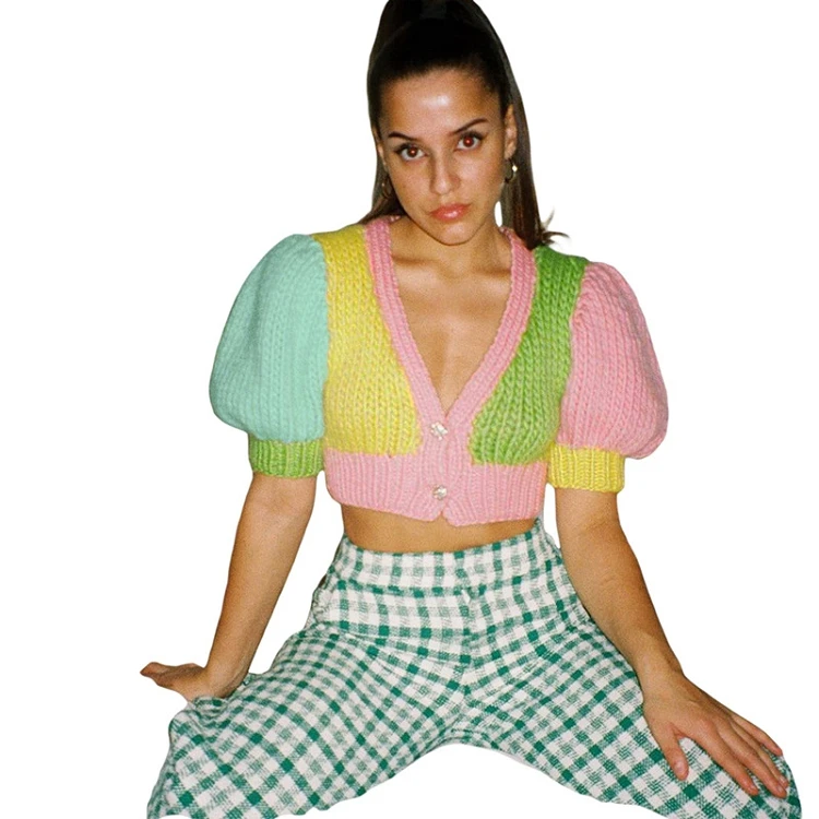 

autumn teen patchwork crop sweater tops short sleeve cos cropped knit sweater cardigan sweater for woman