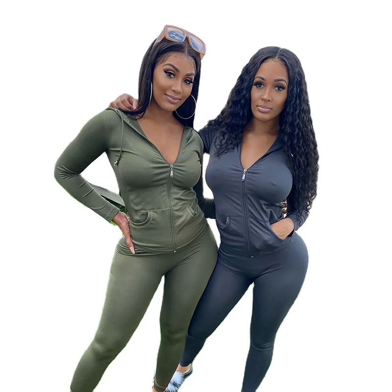 

2020 Fall New Fashion Jogging Sportswear Two Piece Sets Hooded Zipper Sweater High Waist Pants Casual Suit For Women, Picture color