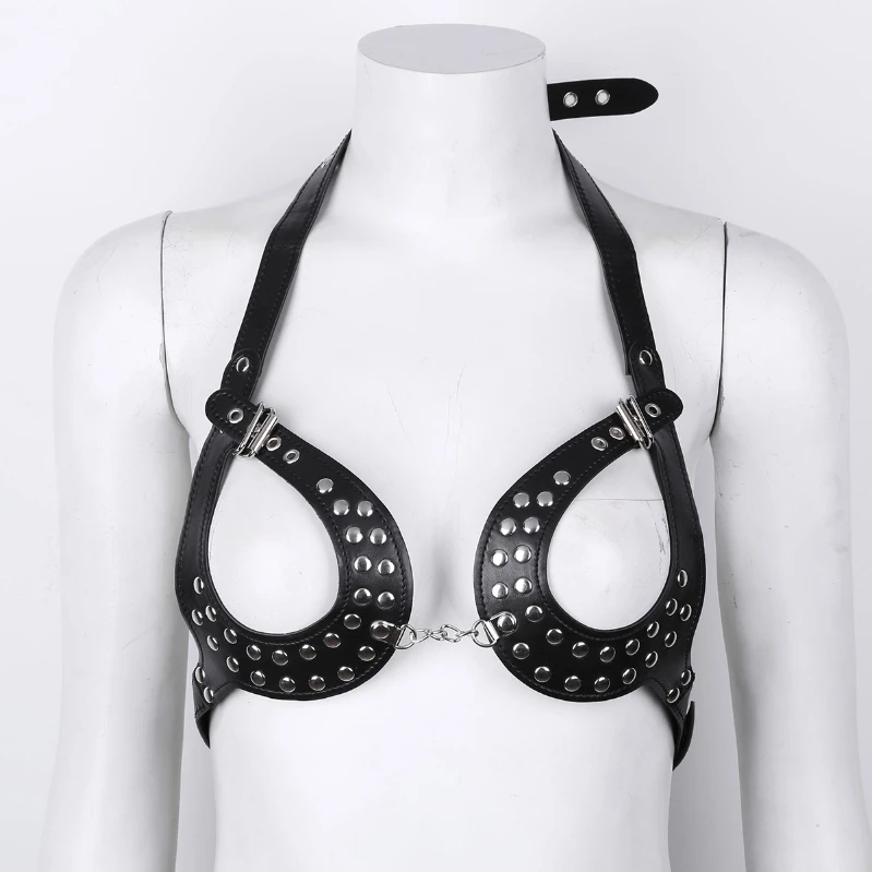 

iEFiEL Women PU Leather Open Cup Adjustable Classic Body Chain Harness Bra Belt with Rivets Clubwear
