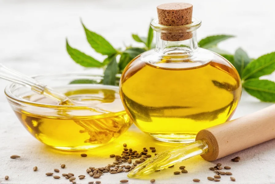 Mustard seed oil bottle next to fresh mustard greens and seeds on wooden table
