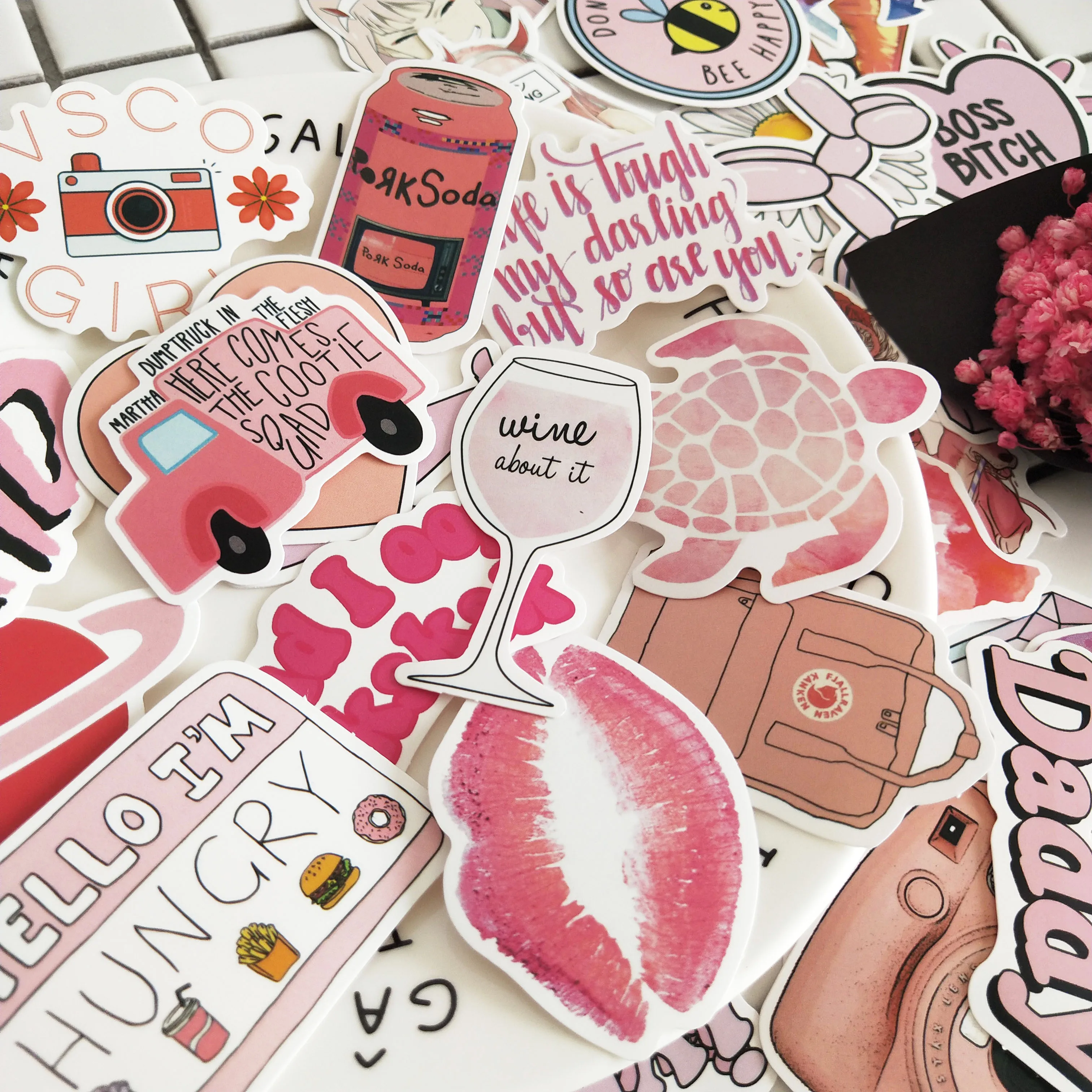 50pcs / Bag Fashion Pink Cute Kawii Vsco Girl Sticker Waterproof Vinyl ...