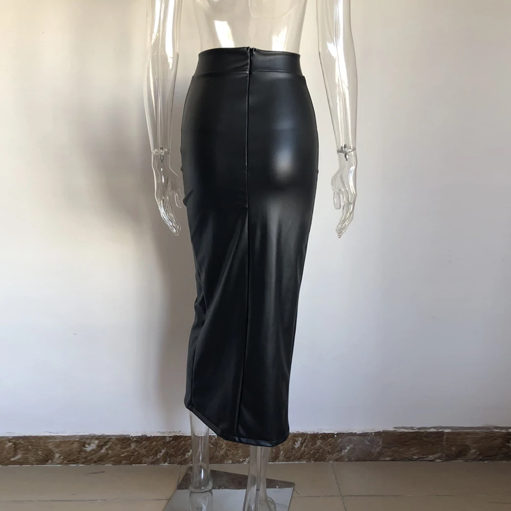 
8298 Wholesale Ladies Button Design PU Leather Long Skirt 