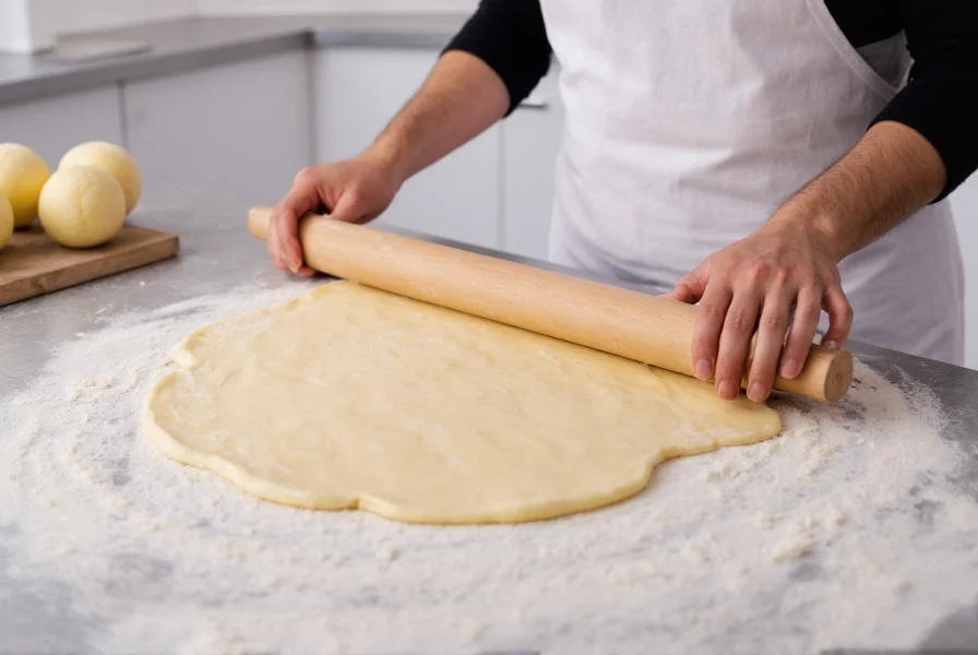 Professional baker rolling out buttermilk cinnamon roll dough on floured surface with even thickness