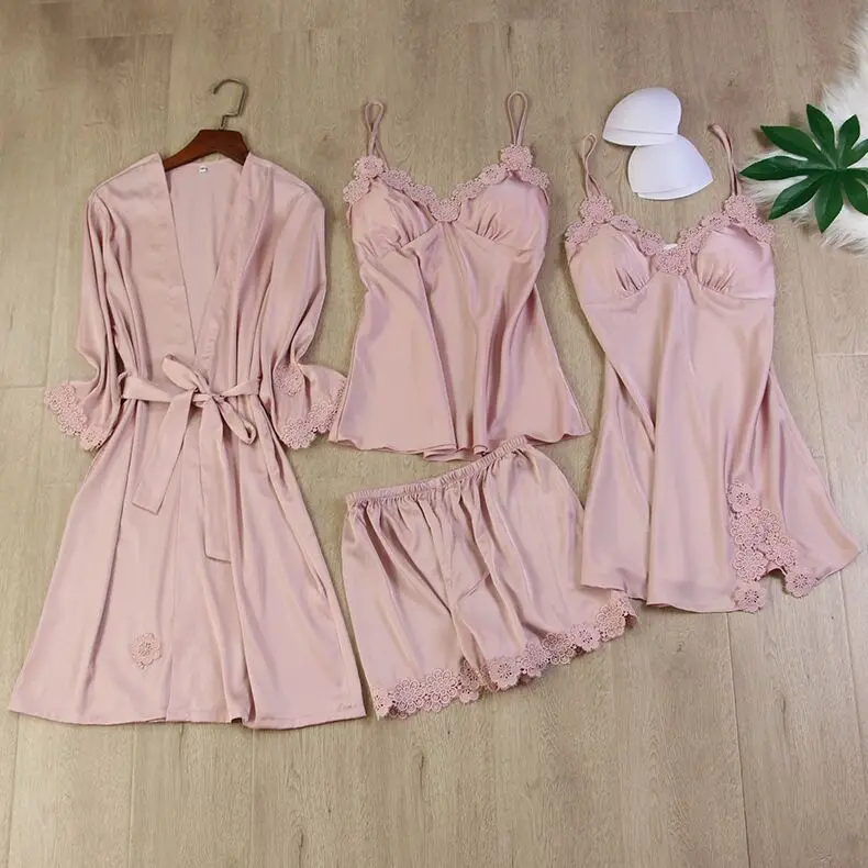 

Wholesale Women 4 Pieces Lace Sleepwear Elegant Silk Satin Pajamas Set Nightgowns